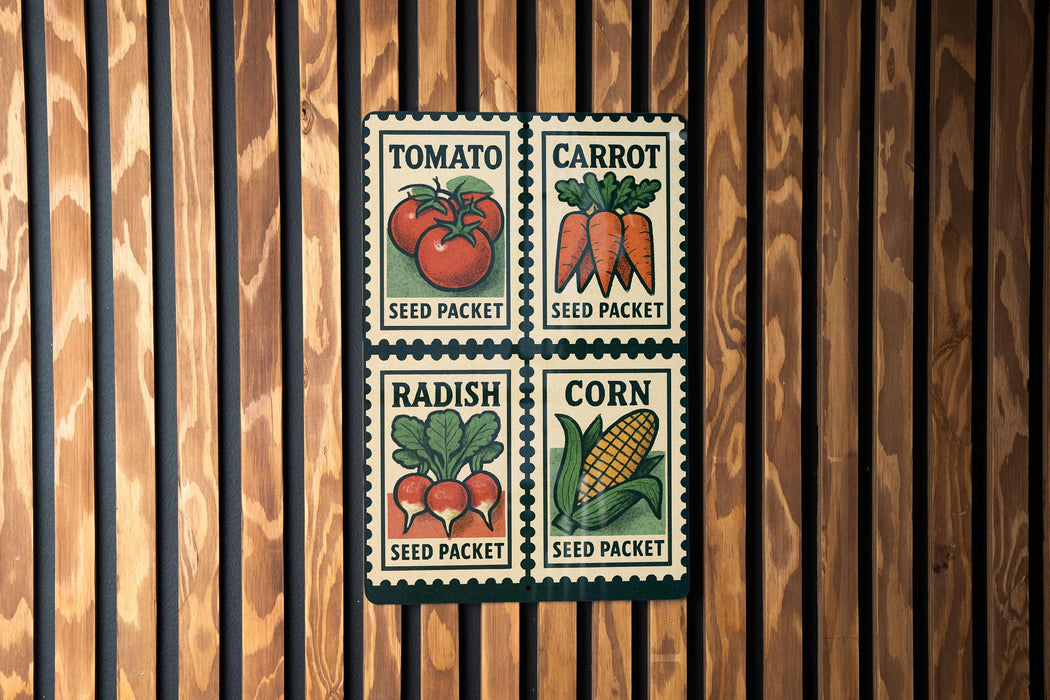 four postage stamps, each depicting a different vegetable: tomato, carrot, radish, and corn.