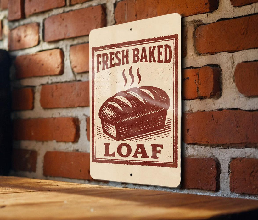 A sign on a brick wall that reads "FRESH BAKED LOAF", featuring an illustration of a loaf of bread.