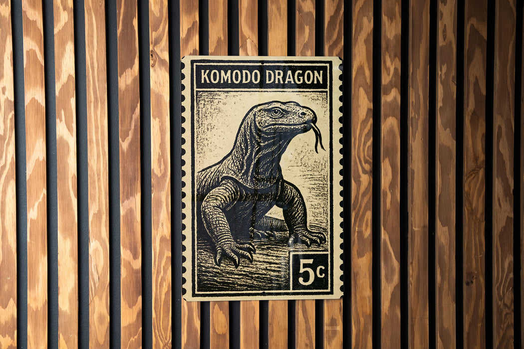 A black and white stamp featuring a Komodo dragon, with the text "KOMODO DRAGON" and the value "5c" printed on it.