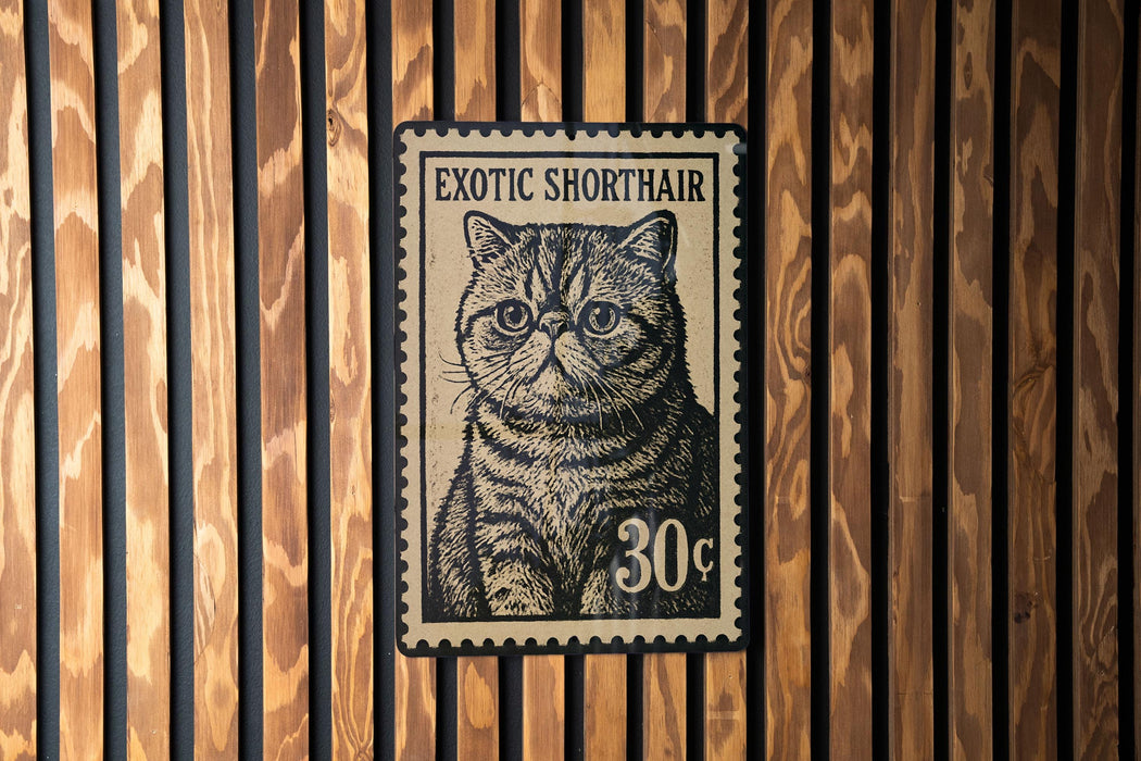 A black and white cat stamp with the text "Exotic Shorthair" and the denomination "30¢" is displayed on a wooden wall.