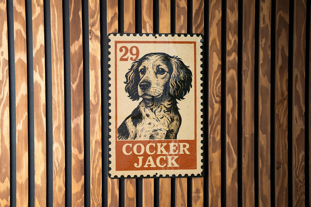 A metal stamp featuring a dog's head and the text "COCKER JACK" is displayed on a wooden wall.