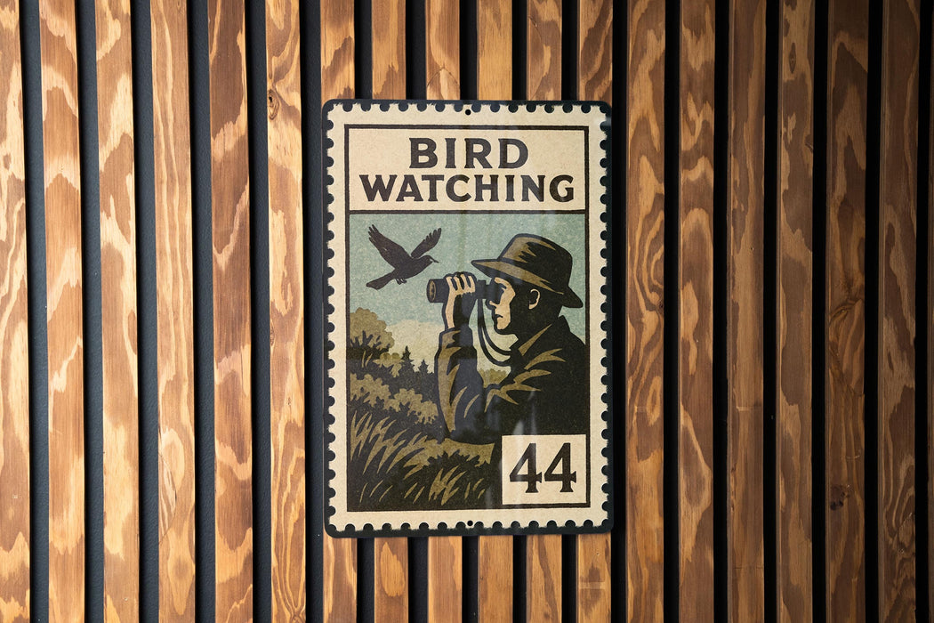 A vintage-style stamp depicting a man using binoculars to observe a bird, with the text "BIRD WATCHING" and the number "44" printed on it.