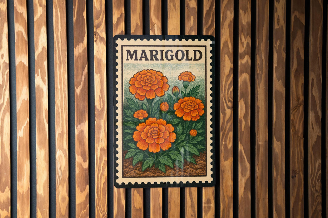 A framed image of marigold flowers is displayed on a wooden wall.