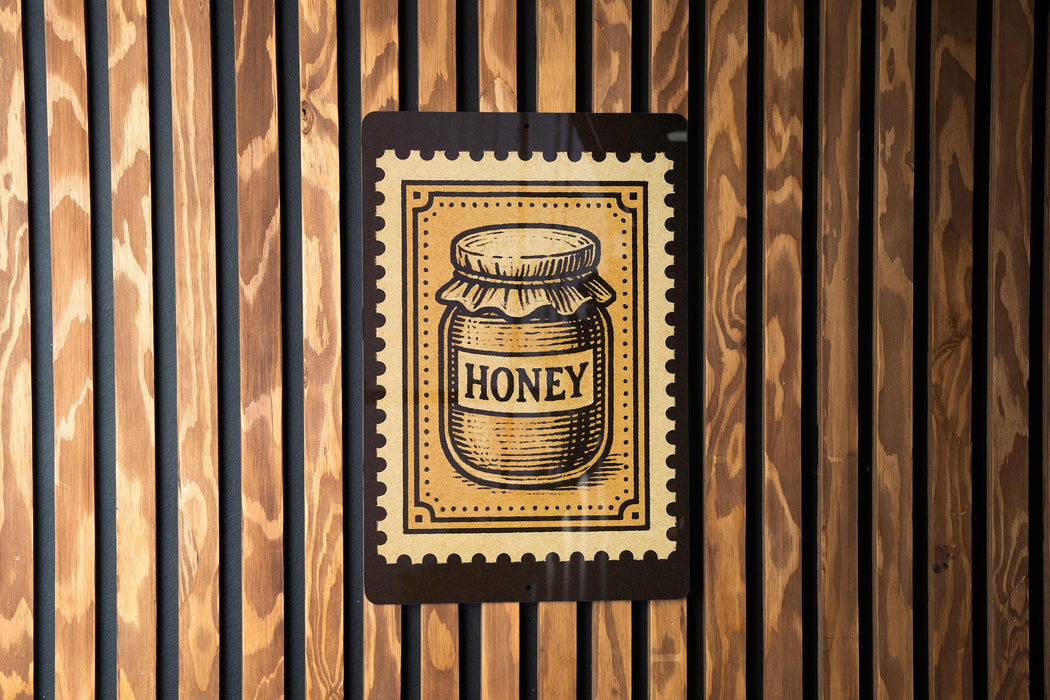 A honey jar is depicted on a wooden wall, with a stamp-like design around it.