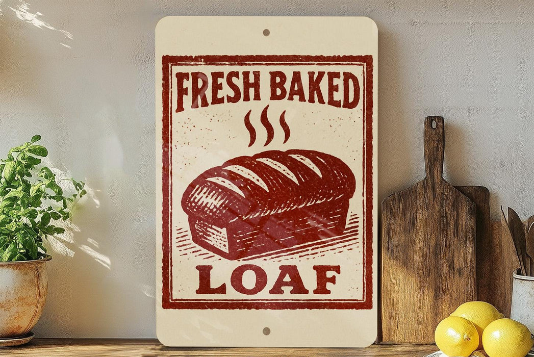 a sign that reads "Fresh Baked Loaf" with a loaf of bread depicted on it. The sign is placed on a shelf next to a wooden cutting board and a potted plant.
