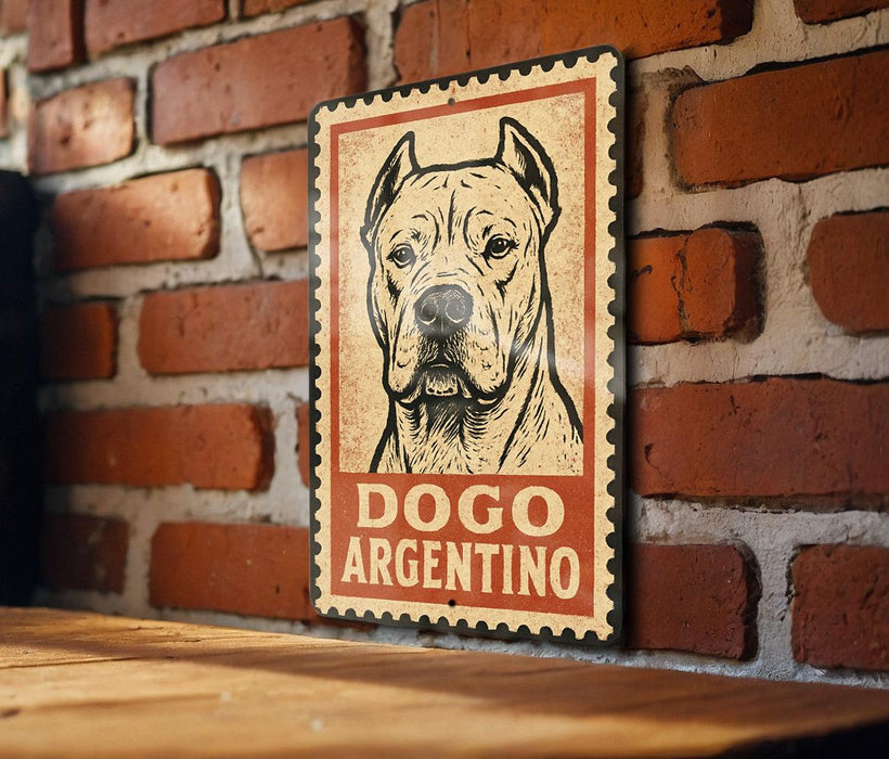 A sign featuring a dog's face on a brick wall.