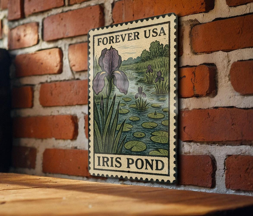 A vintage-style postage stamp featuring an illustration of an iris pond, with the text "Forever USA" and "Iris Pond" printed on it.