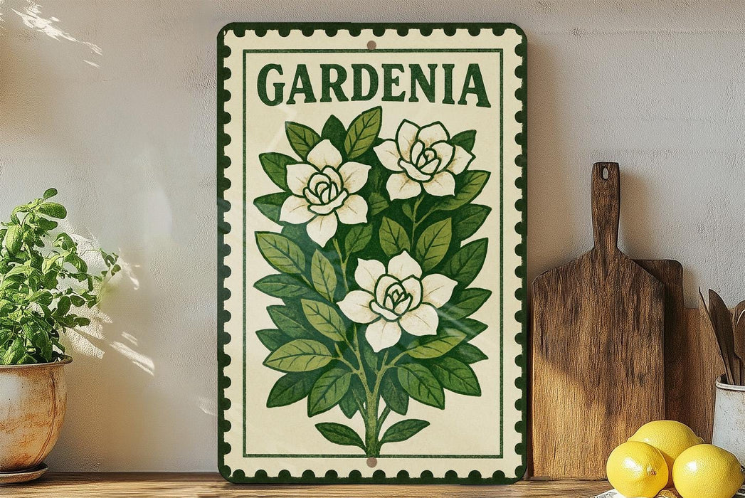 A decorative sign with a floral design, featuring white flowers and green leaves, is displayed on a shelf next to a wooden cutting board and a potted plant.