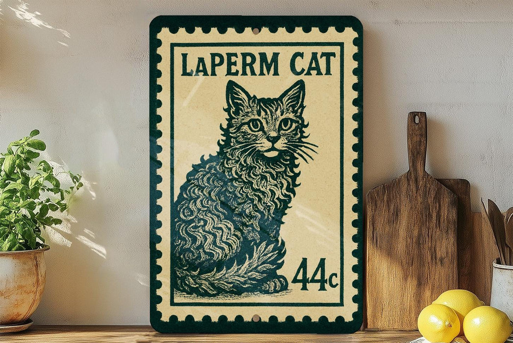 A framed vintage postage stamp featuring a cat illustration, placed on a wooden shelf next to a wooden cutting board and some lemons.