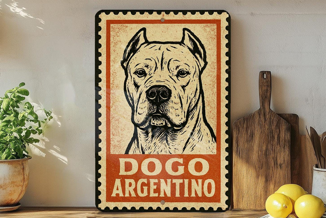 a sign with a dog illustration and the text "DOGO ARGENTINO" on a wooden surface.