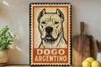 a sign with a dog illustration and the text "DOGO ARGENTINO" on a wooden surface.