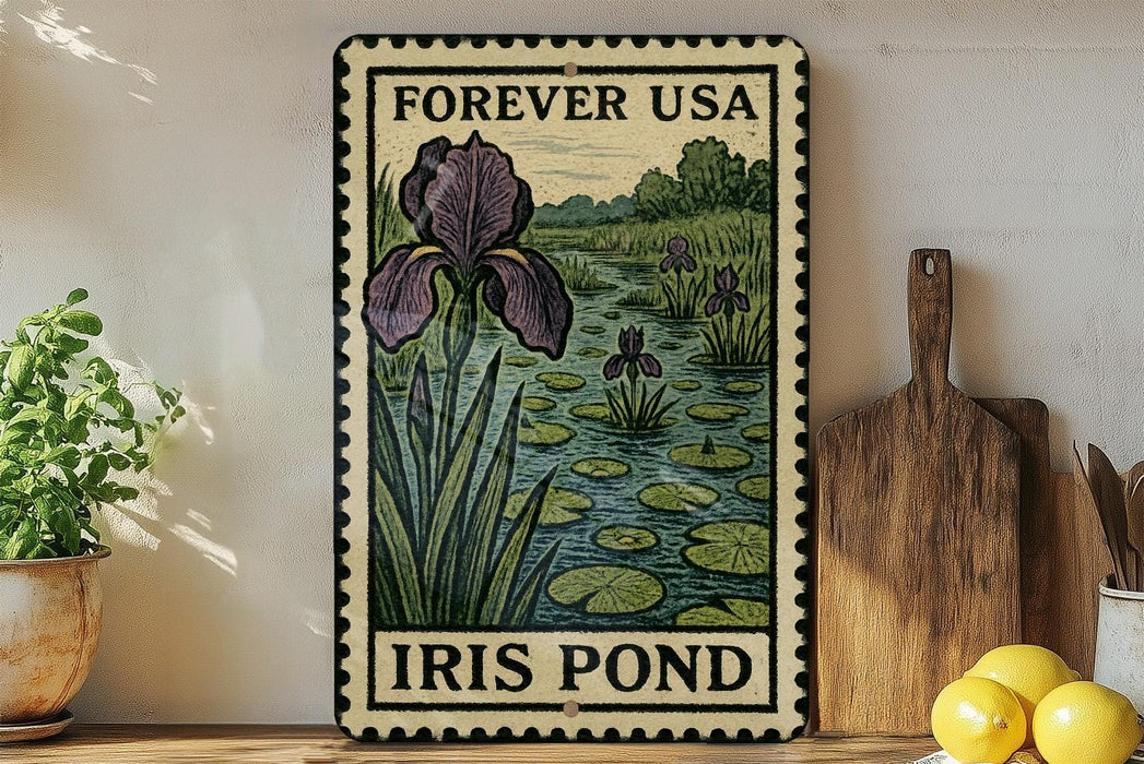 A vintage-style metal sign with a floral illustration of an iris pond, surrounded by lush greenery, is displayed on a shelf next to a wooden cutting board and a potted plant.