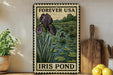 A vintage-style metal sign with a floral illustration of an iris pond, surrounded by lush greenery, is displayed on a shelf next to a wooden cutting board and a potted plant.