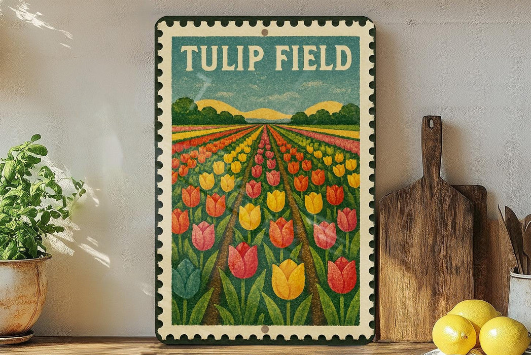 A framed illustration of a tulip field with a vintage-style border, featuring a variety of colorful tulips.