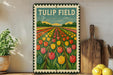 A framed illustration of a tulip field with a vintage-style border, featuring a variety of colorful tulips.