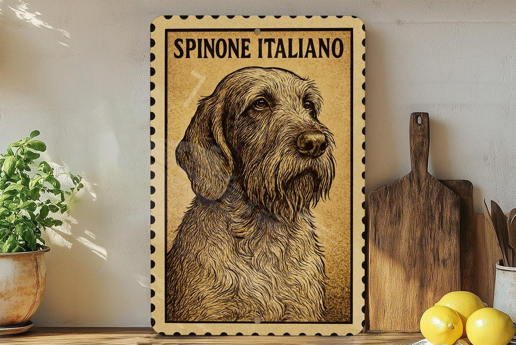 a Spaniel Italiano dog, which is a medium-sized breed of dog known for its intelligence, agility, and friendly nature. The dog is depicted in a detailed illustration on a wooden frame, with the text "SPINONE ITALIANO" written above the image. The frame is placed on a wooden surface, and there are some potted plants and kitchen utensils visible in the background.