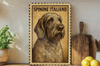 a Spaniel Italiano dog, which is a medium-sized breed of dog known for its intelligence, agility, and friendly nature. The dog is depicted in a detailed illustration on a wooden frame, with the text "SPINONE ITALIANO" written above the image. The frame is placed on a wooden surface, and there are some potted plants and kitchen utensils visible in the background.