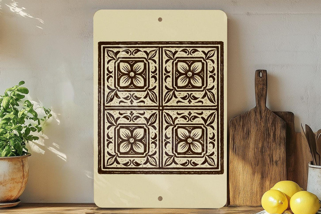 a decorative tile with a floral pattern, displayed on a shelf next to kitchen utensils and a potted plant.