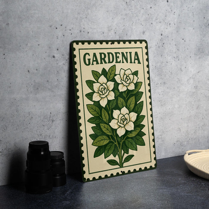 A metal sign with a floral design and the word "GARDENIA" on it, placed on a countertop next to some black camera lenses.