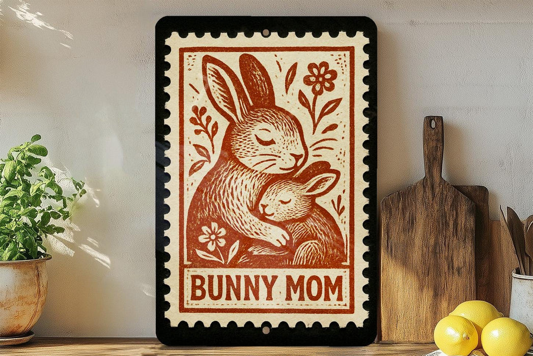 A framed image of a mother rabbit and her baby rabbit, with the text "BUNNY MOM" on the frame.
