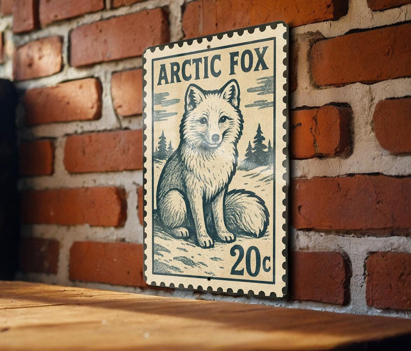 A wooden table with a framed image of a white fox on it, mounted on a brick wall.
