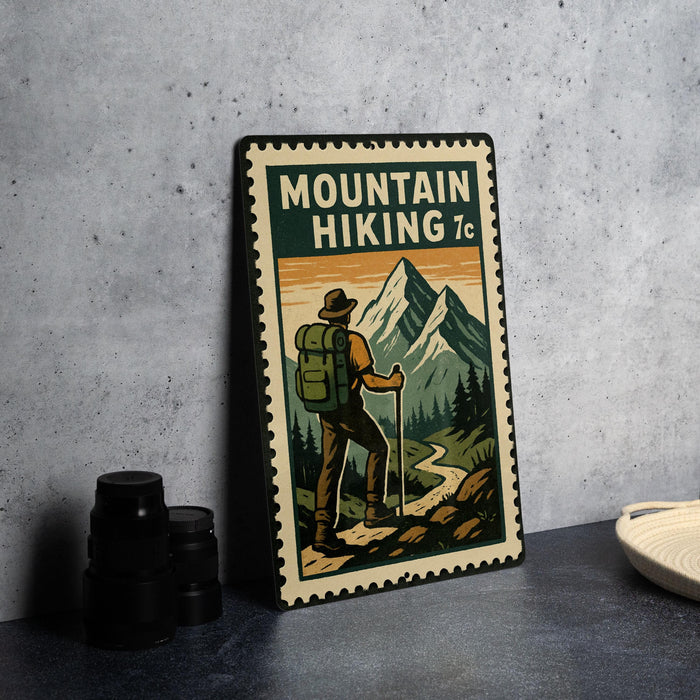 A vintage-style metal sign with a mountain hiker illustration, featuring a backpack and hiking gear, is displayed on a gray concrete surface.