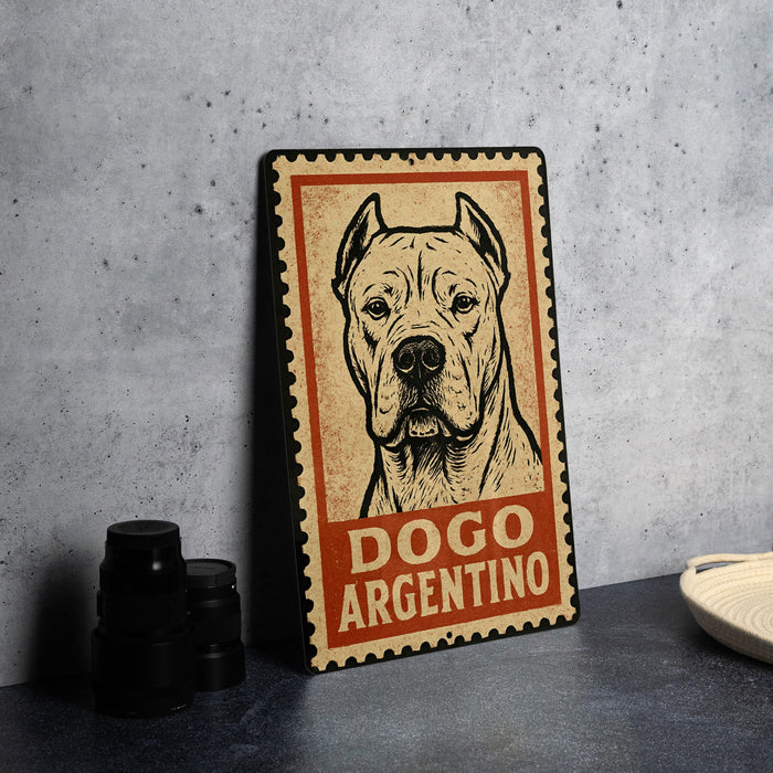 A metal sign with a dog illustration and the text "DOGO ARGENTINO" is displayed on a table.