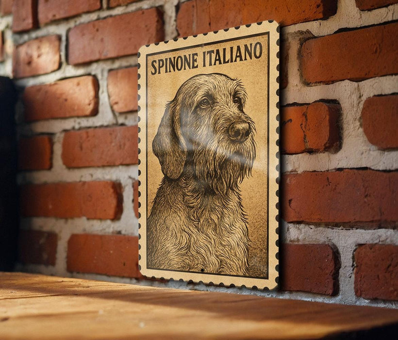a Spaniel Italiano dog, which is a breed of dog known for its distinctive curly and long fur. The dog is depicted in a wooden frame, mounted on a brick wall.
