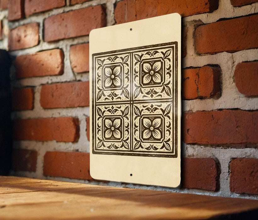 a decorative tile pattern on a wall, with a wooden table below it.