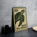 A green sea turtle stamp on a table, with a stack of black camera lenses and a woven basket nearby.