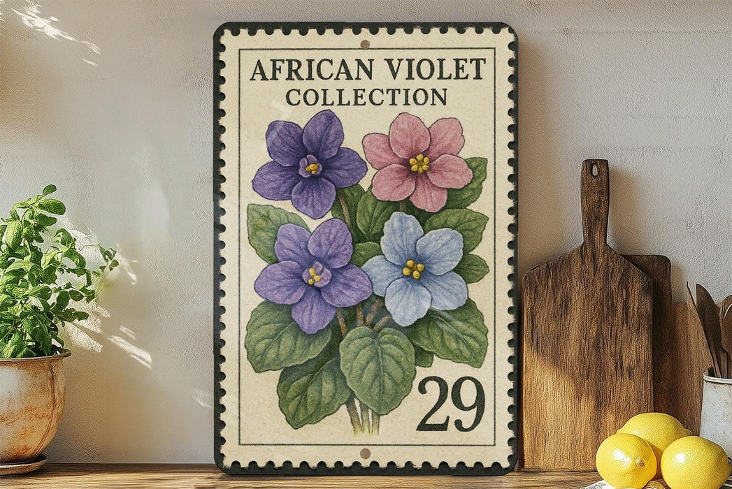 a decorative African violet stamp with a floral design, placed on a wooden surface next to a wooden cutting board and some potted plants.