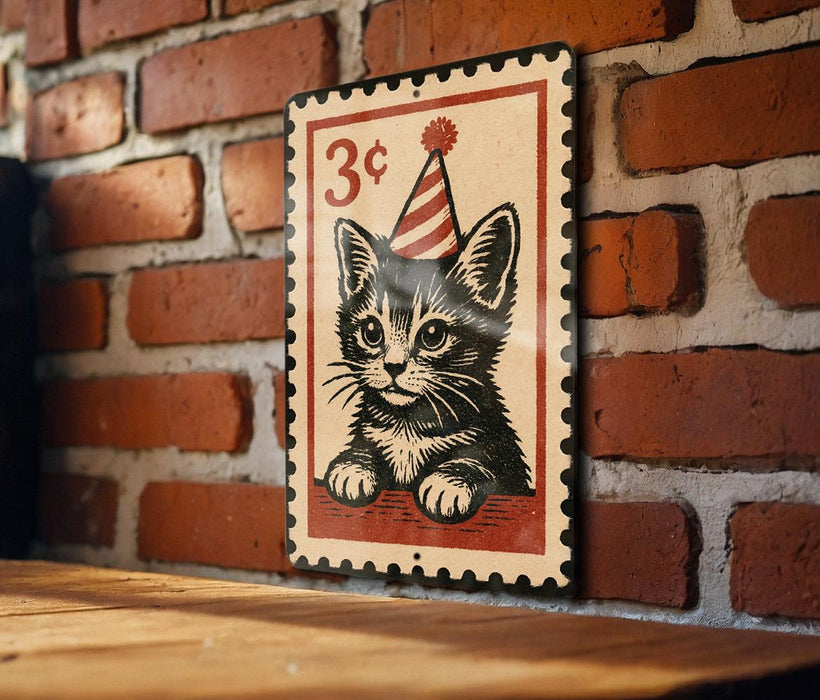 A metal sign featuring a black and white illustration of a cat wearing a party hat, with the number "3¢" printed on it.