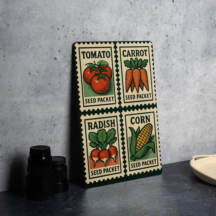 A wooden board displaying four postage stamps with illustrations of tomatoes, carrots, radishes, and corn seeds, along with the words "Seed Packet" printed on them.