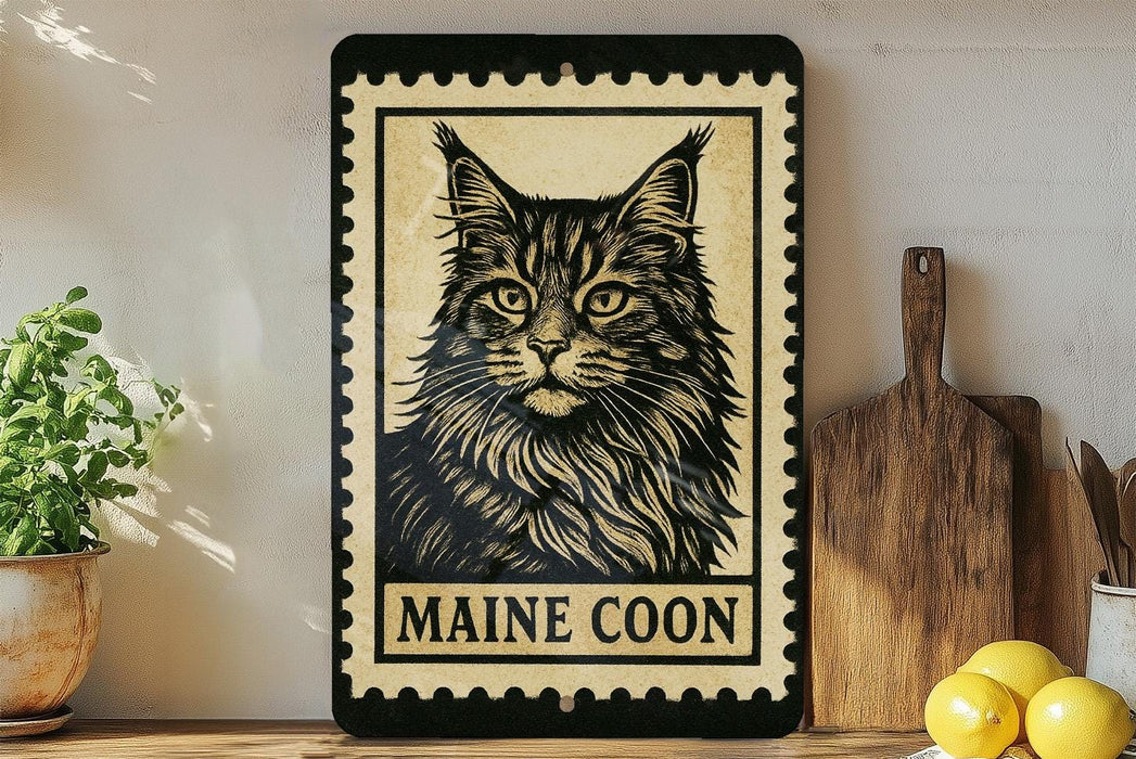 A framed image of a Maine Coon cat is displayed on a shelf, accompanied by a wooden cutting board, a potted plant, and some lemons.