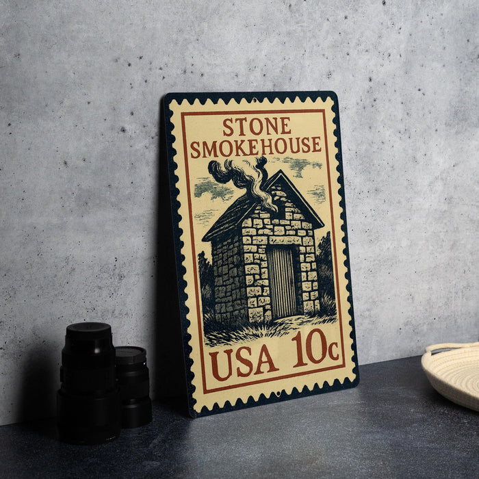 A vintage-style metal sign for the "Stone Smokehouse" in the United States, featuring a brick building illustration and the text "USA 10c".