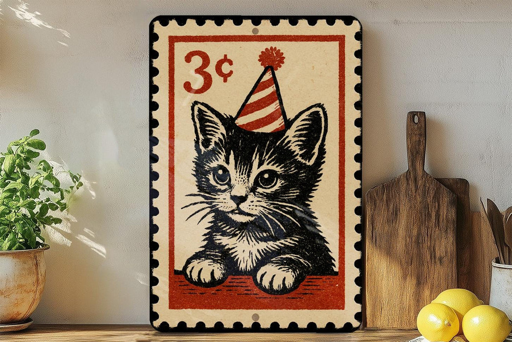 A vintage-style 3-cent stamp featuring a cat wearing a party hat, placed on a wooden surface next to a wooden cutting board and some lemons.