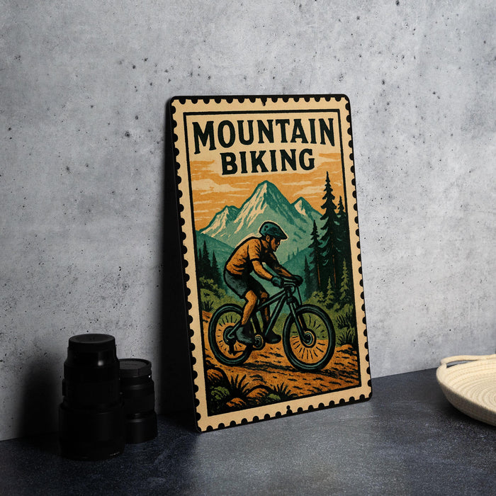 A vintage-style metal sign with a mountain landscape and a person riding a bicycle, featuring the text "MOUNTAIN BIKING".