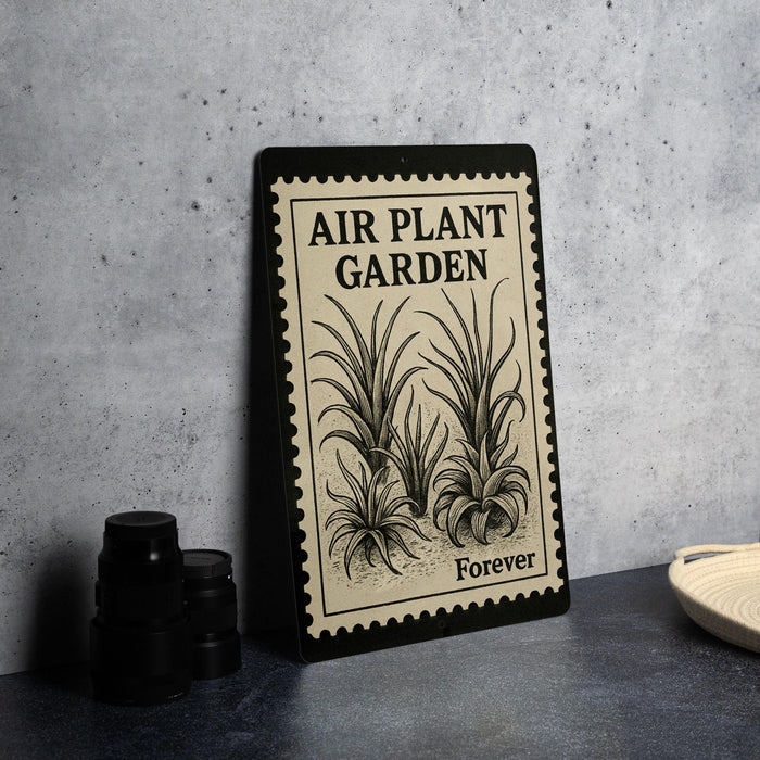 a black and white sign with the text "AIR PLANT GARDEN Forever" and an illustration of a plant on it, placed on a table next to some black camera lenses.