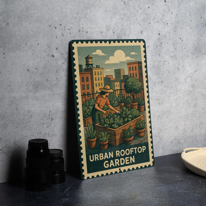 A metal sign with a vintage-style illustration of a woman tending to a garden, surrounded by potted plants, against a backdrop of a city skyline.