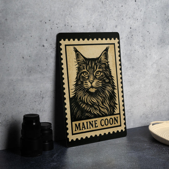 A framed image of a Maine Coon cat is displayed on a wall, with a black and white stamp-like border.