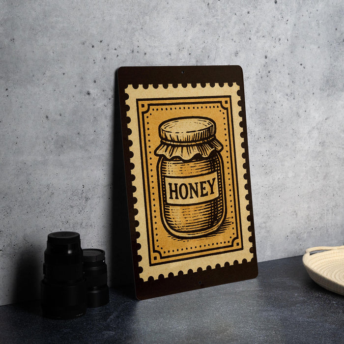 a framed illustration of a jar of honey on a wall, with a stack of black camera lenses placed next to it.