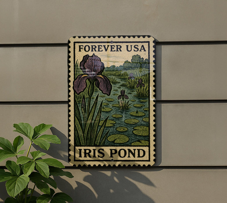 A metal sign with a postage stamp design hangs on a wall, depicting an iris pond surrounded by lily pads.