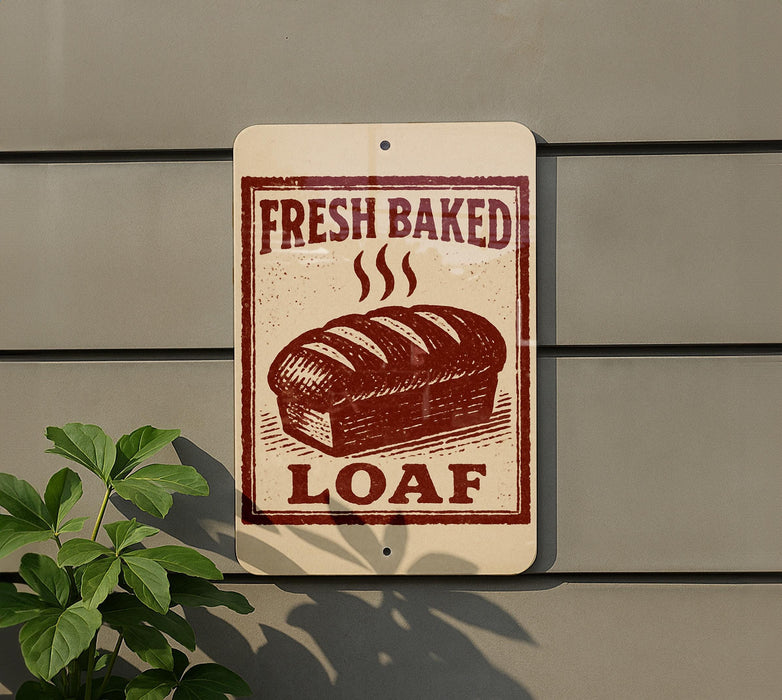 A sign on a wall advertising "Fresh Baked Loaf", featuring a loaf of bread with steam rising from it.