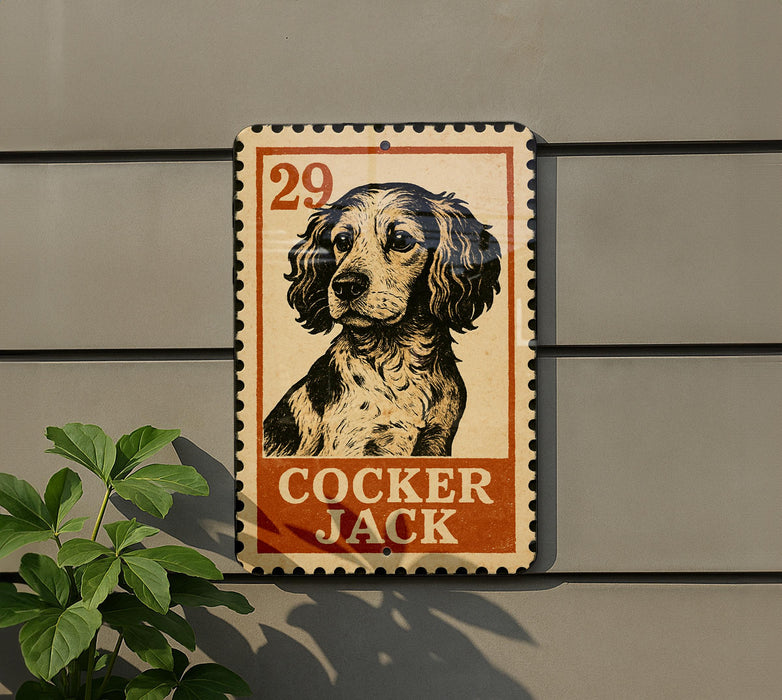 a sign with a picture of a dog, specifically a Cocker Jack, mounted on a wall.