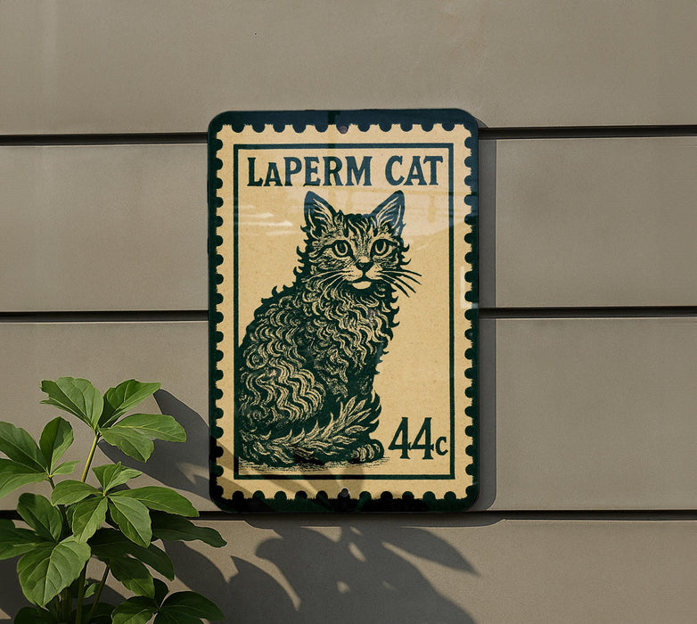 A postage stamp-like sign featuring a cat illustration and the text "LAPERM CAT 44c" is displayed on a wall.