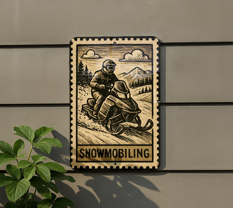 A sign depicting a person riding a snowmobile, with the word "Snowmobiling" written below the image.