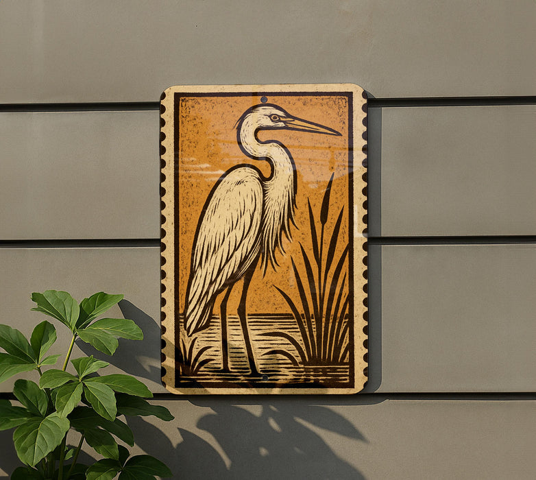 a large, detailed illustration of a heron standing on a rock near a body of water.