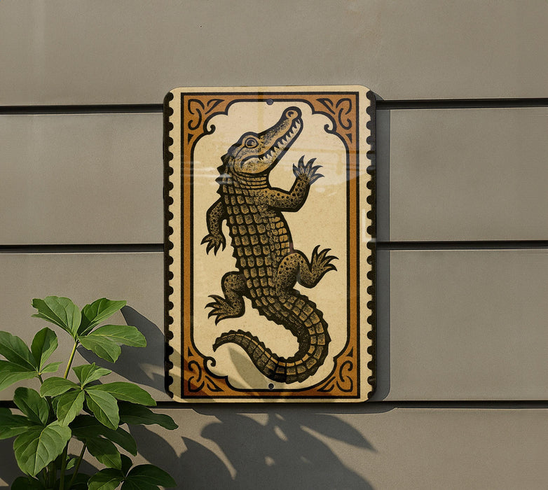 a decorative sign with an illustration of a crocodile, which is mounted on a wall.