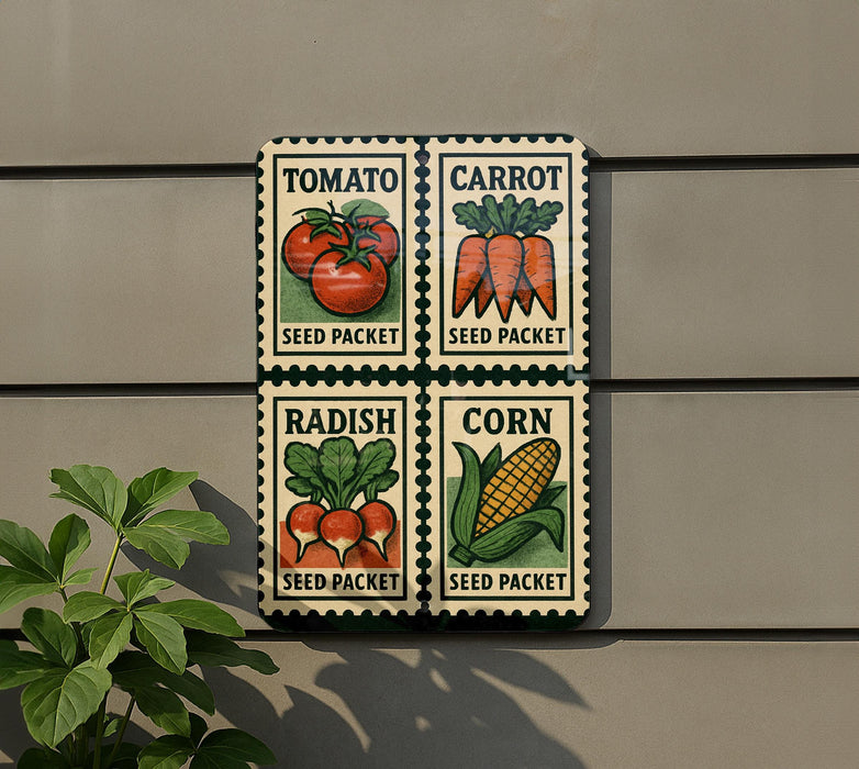 four seed packets, each depicting a different vegetable: tomato, carrot, radish, and corn.