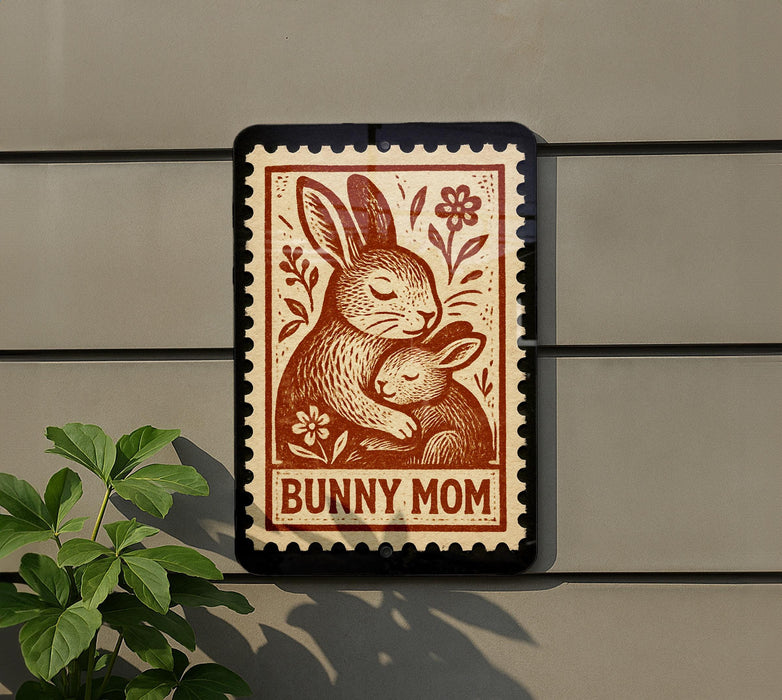 A sign with a bunny and the text "BUNNY MOM" is displayed on a wall, with a plant to the left of the sign.